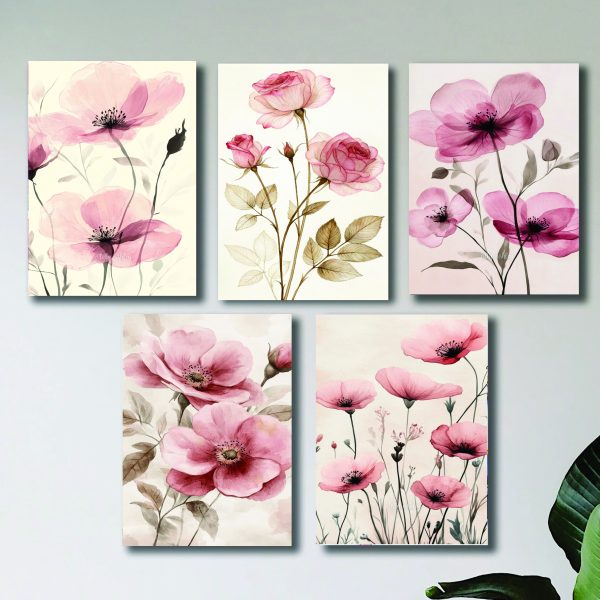 Set Of 5 Pink Flowers Floral Wall Art